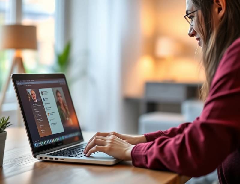 A person thoughtfully selecting an online course from a wide variety of options on their laptop